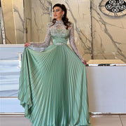 Chic Green Pleated Evening Dress with Beaded Long Sleeves SS674