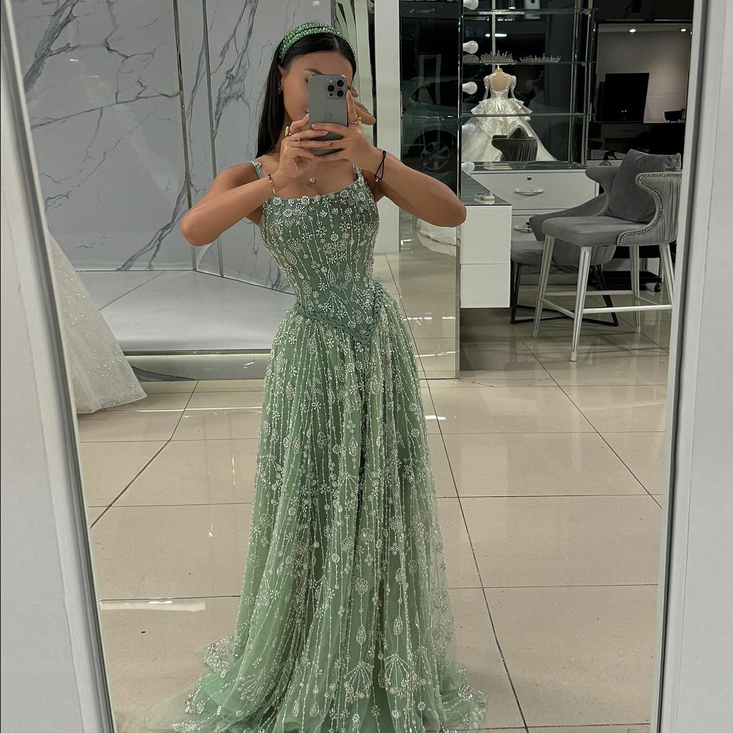 Luxury Sage Green Spaghetti A-Line Evening Dress SS693