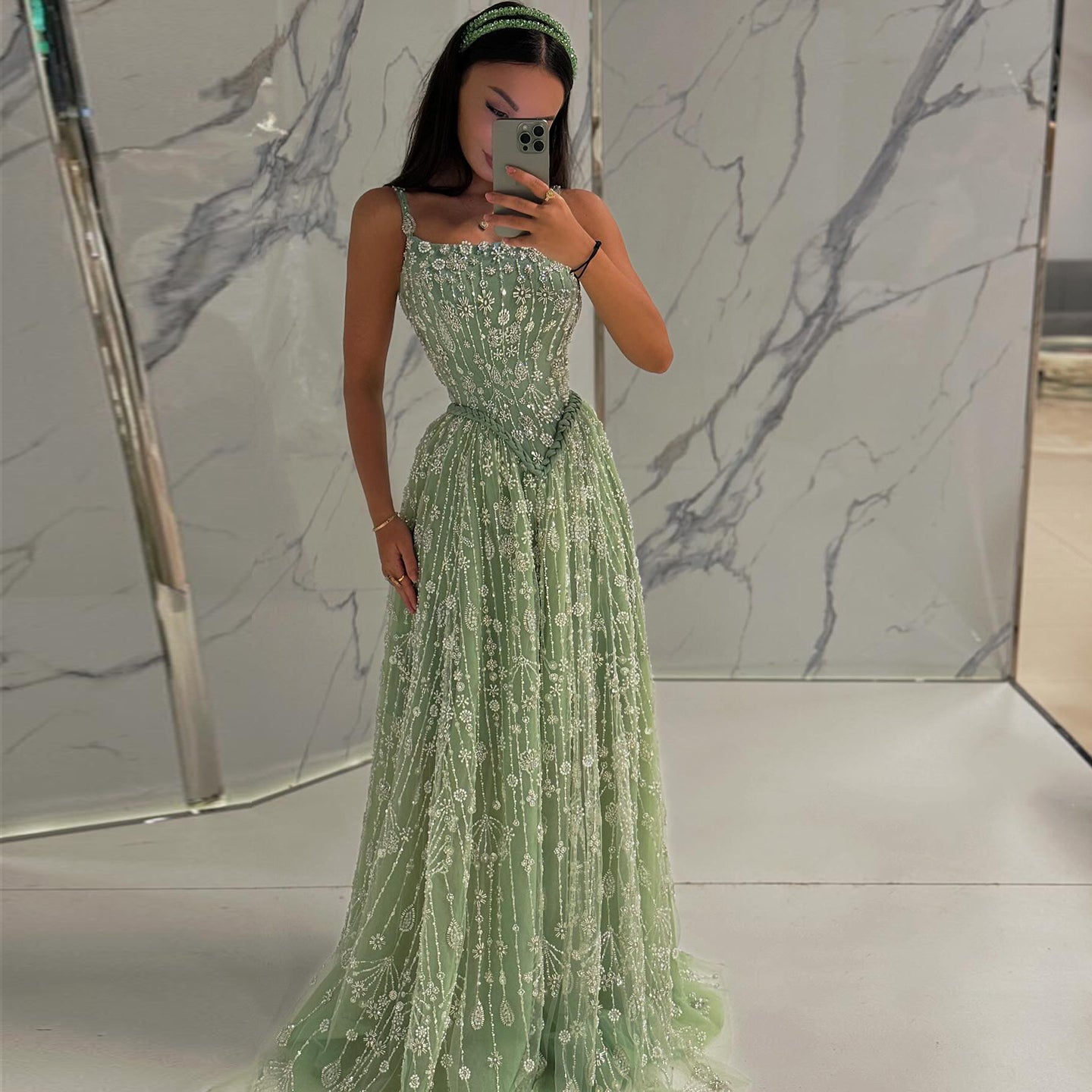 Luxury Sage Green Spaghetti A-Line Evening Dress SS693