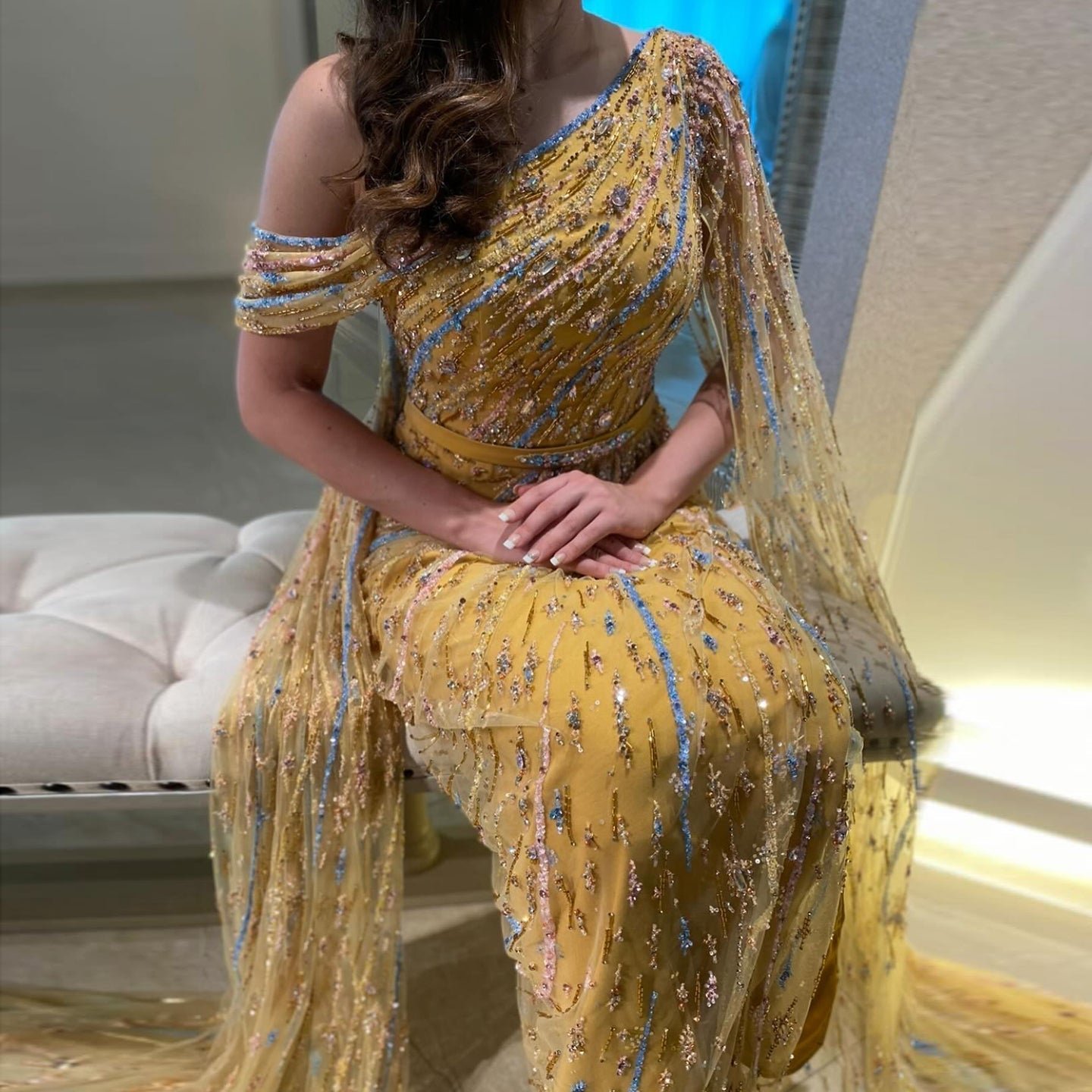 Colorful Beaded One Shoulder Yellow Evening Dress with Cape SS423