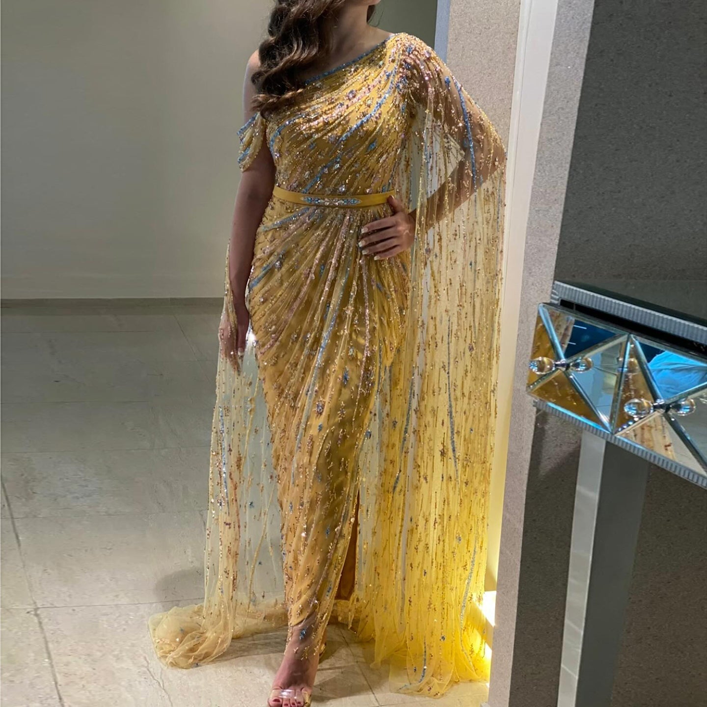 Colorful Beaded One Shoulder Yellow Evening Dress with Cape SS423