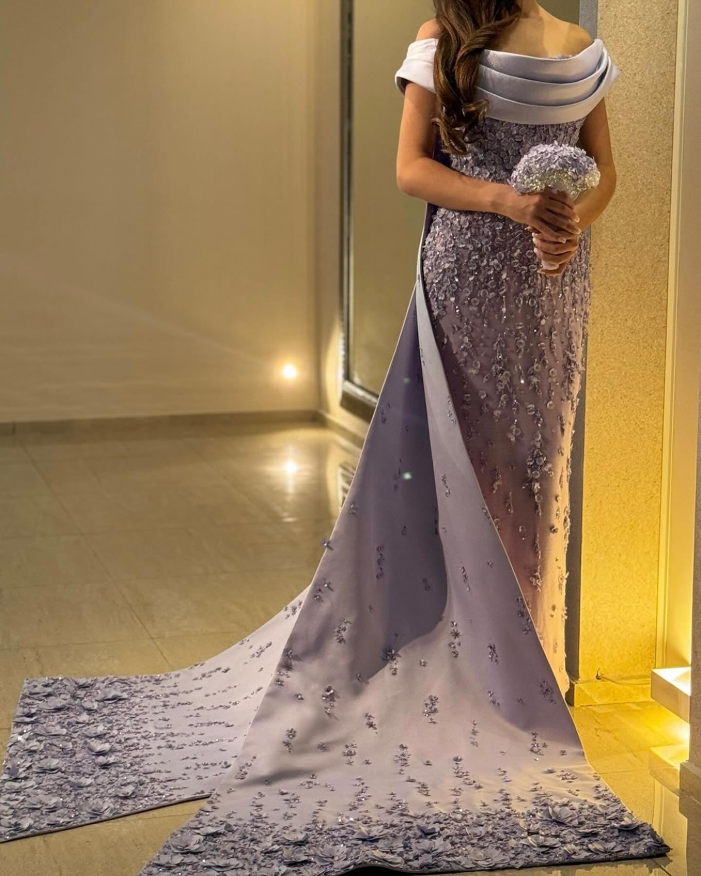 Elegant Crystal Lilac Mermaid Evening Dress with Overskirt SS555