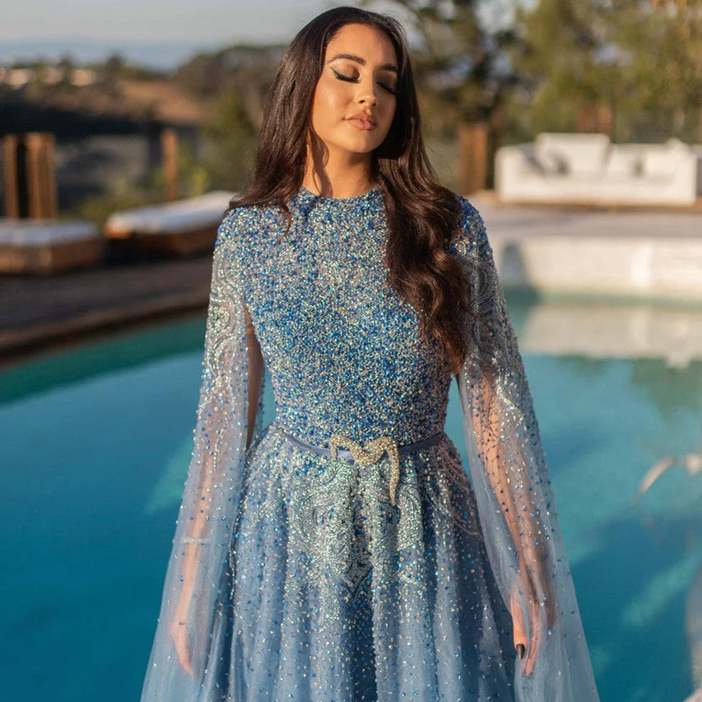Luxury Blue High Neck Evening Dress with Cape Sleeves SS451