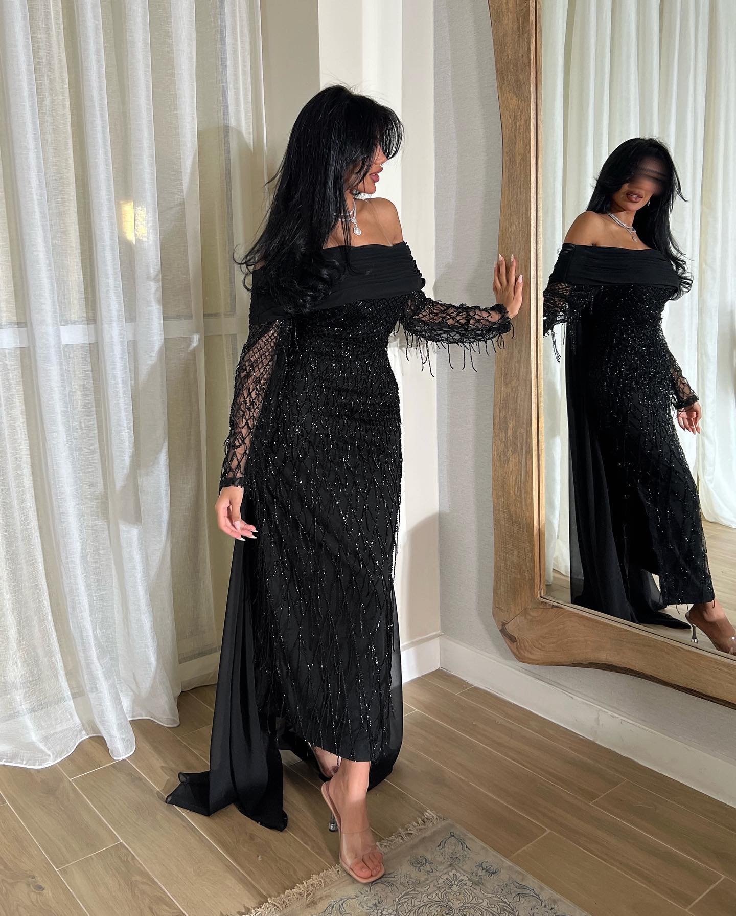 Luxury Tassel Lilac Off Shoulder Evening Dress with Cape SS708