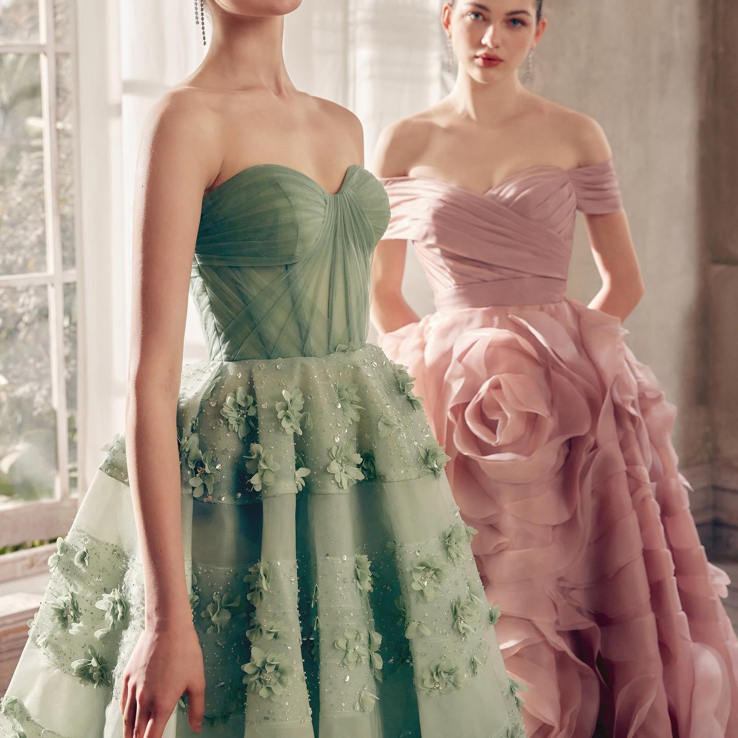 Luxury Sage Green 3D Flowers Dubai Evening Dress with Cape SS346