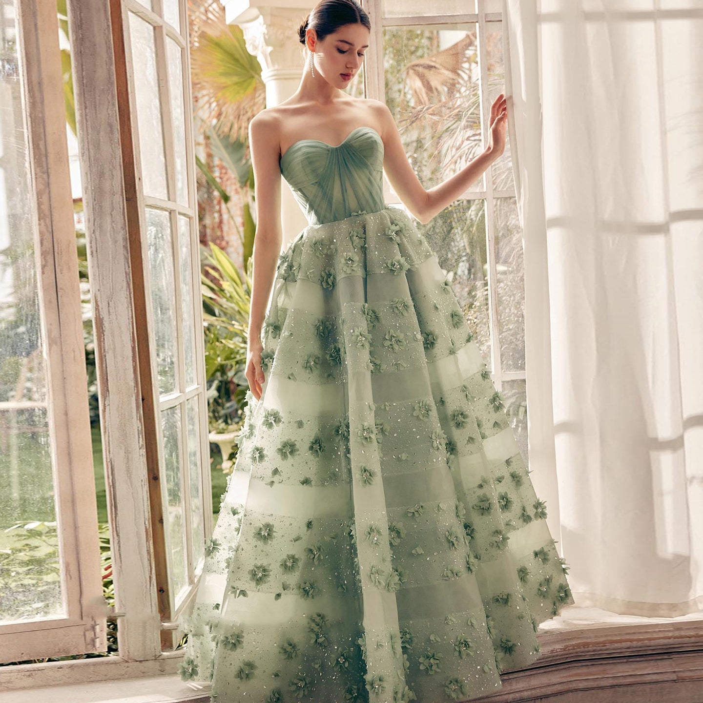 Luxury Sage Green 3D Flowers Dubai Evening Dress with Cape SS346
