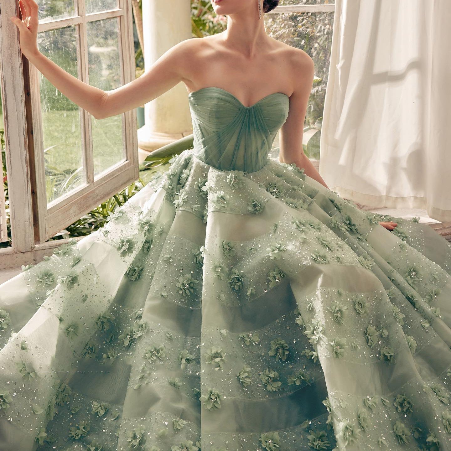 Luxury Sage Green 3D Flowers Dubai Evening Dress with Cape SS346