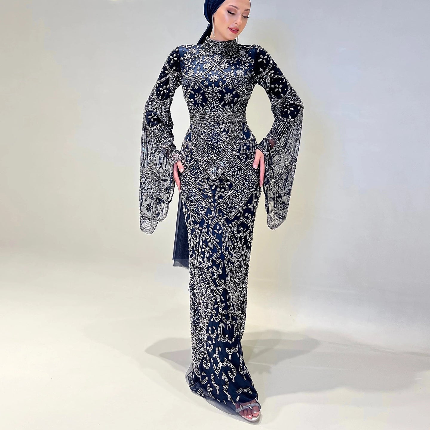 Luxury Black Beaded Evening Dress with Flare Long Sleeves SS153