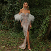 Luxury Tassel Feather Silver Nude Evening Dress SS187