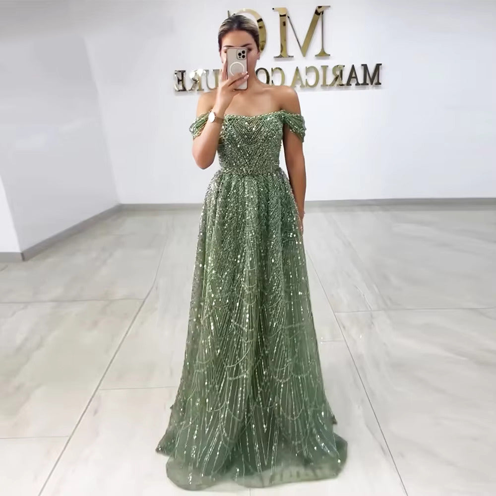 Luxury Beaded Champagne Off-Shoulder Evening Dress SS676