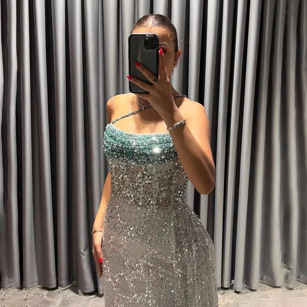 Luxury Blue One Shoulder Evening Dress with Overskirt SS710