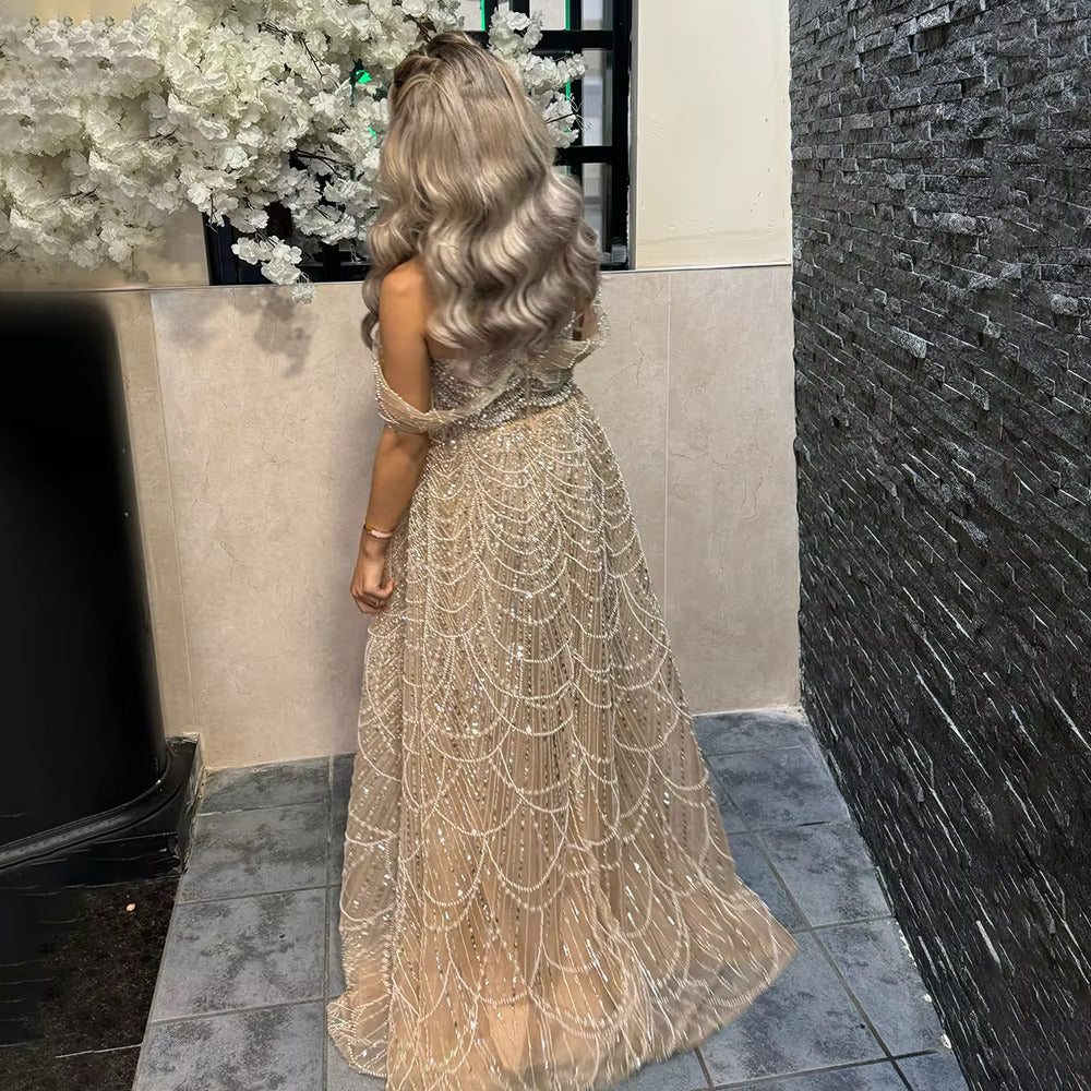 Luxury Beaded Champagne Off-Shoulder Evening Dress SS676