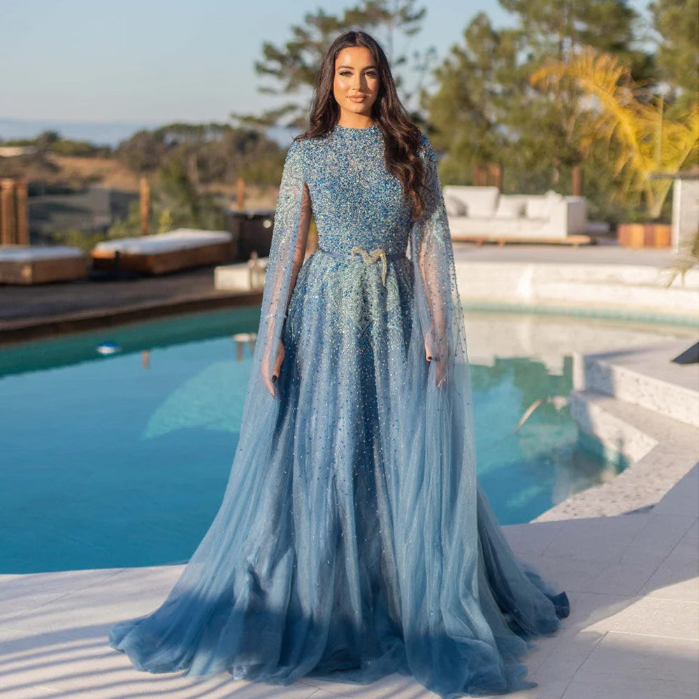 Luxury Blue High Neck Evening Dress with Cape Sleeves SS451