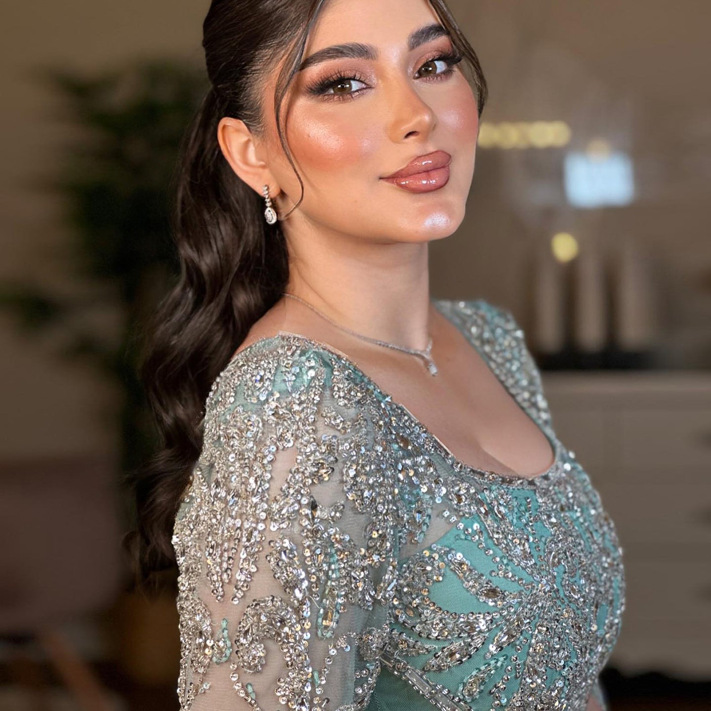 Luxury Turquoise Beaded Mermaid Evening Dress with Cape Sleeves SS469