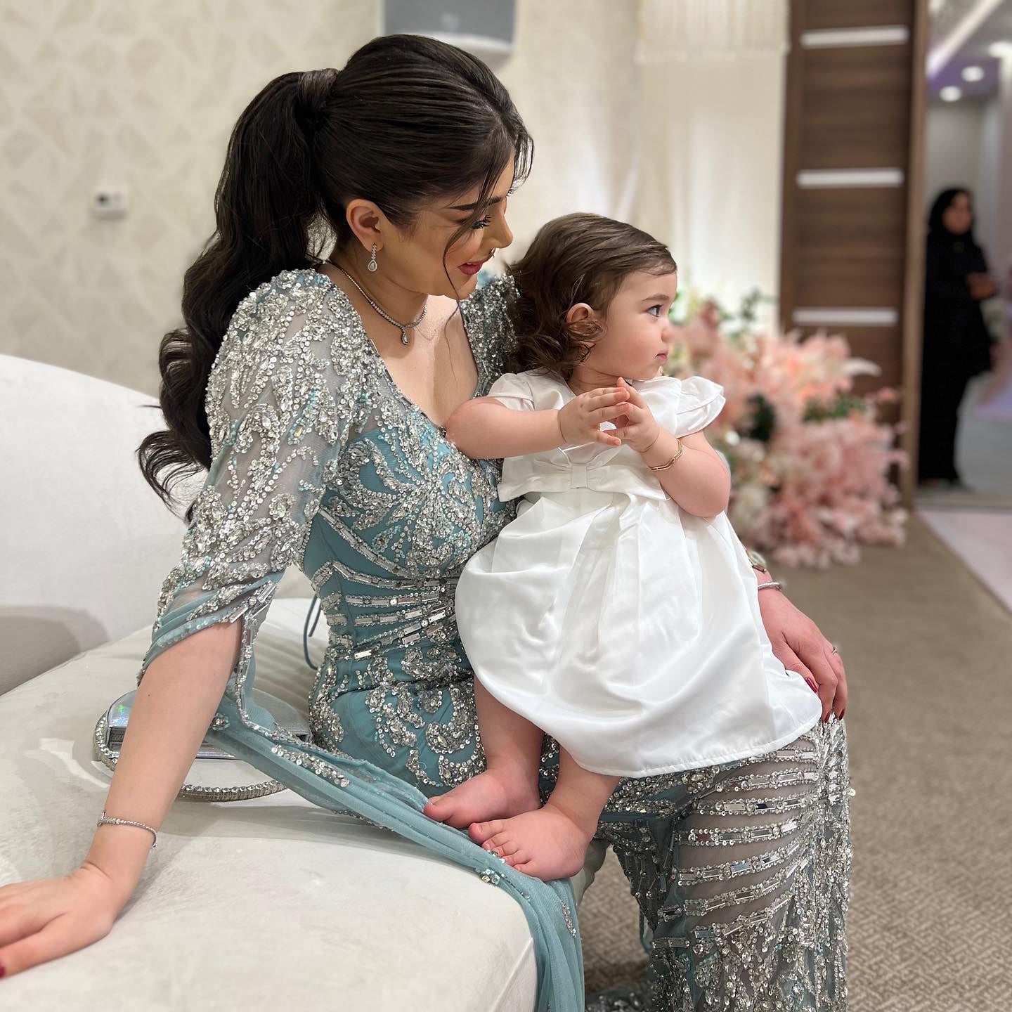 Luxury Turquoise Beaded Mermaid Evening Dress with Cape Sleeves SS469