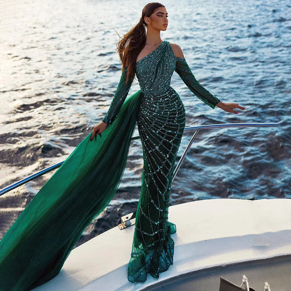 Emerald Green One Shoulder Evening Dress with Overskirt SS197