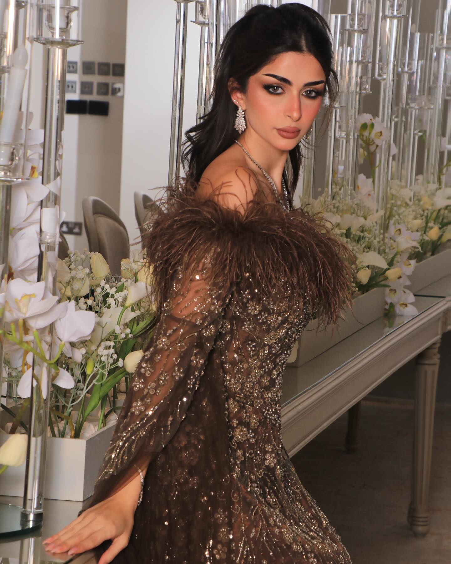 Off Shoulder Feathers Brown Evening Dress with Cape Sleeves SS707