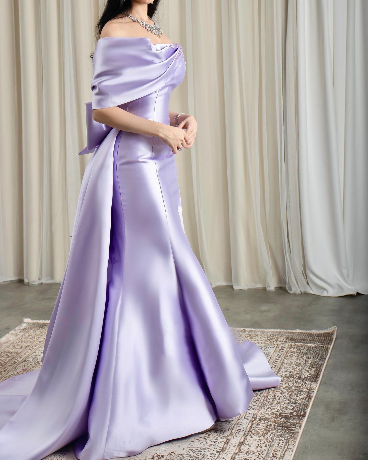 Elegant Off Shoulder Lilac Evening Dress with Overskirt SS400