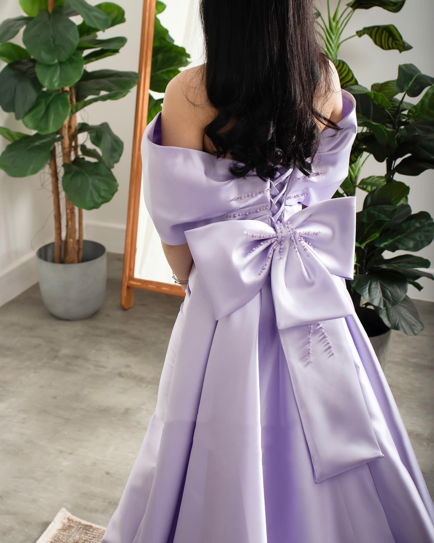 Elegant Off Shoulder Lilac Evening Dress with Overskirt SS400