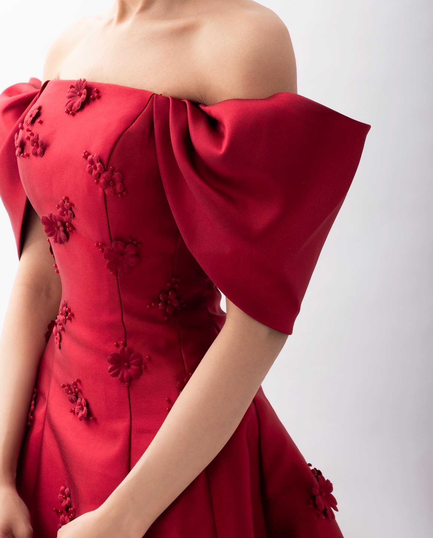 Elegant 3D Flowers Off Shoulder Red Evening Dress SF273