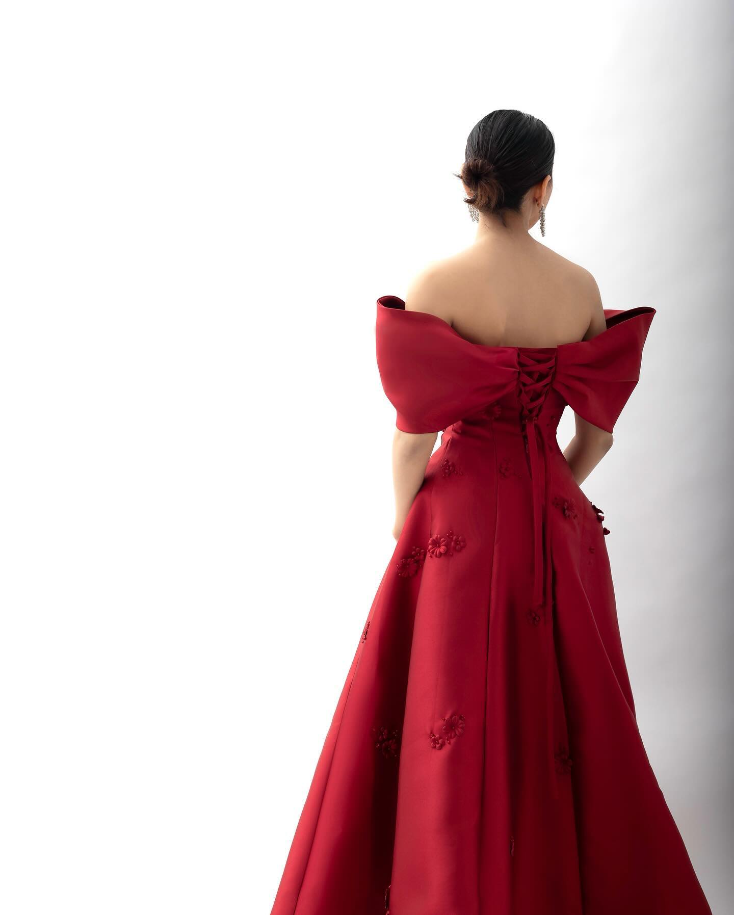 Elegant 3D Flowers Off Shoulder Red Evening Dress SF273