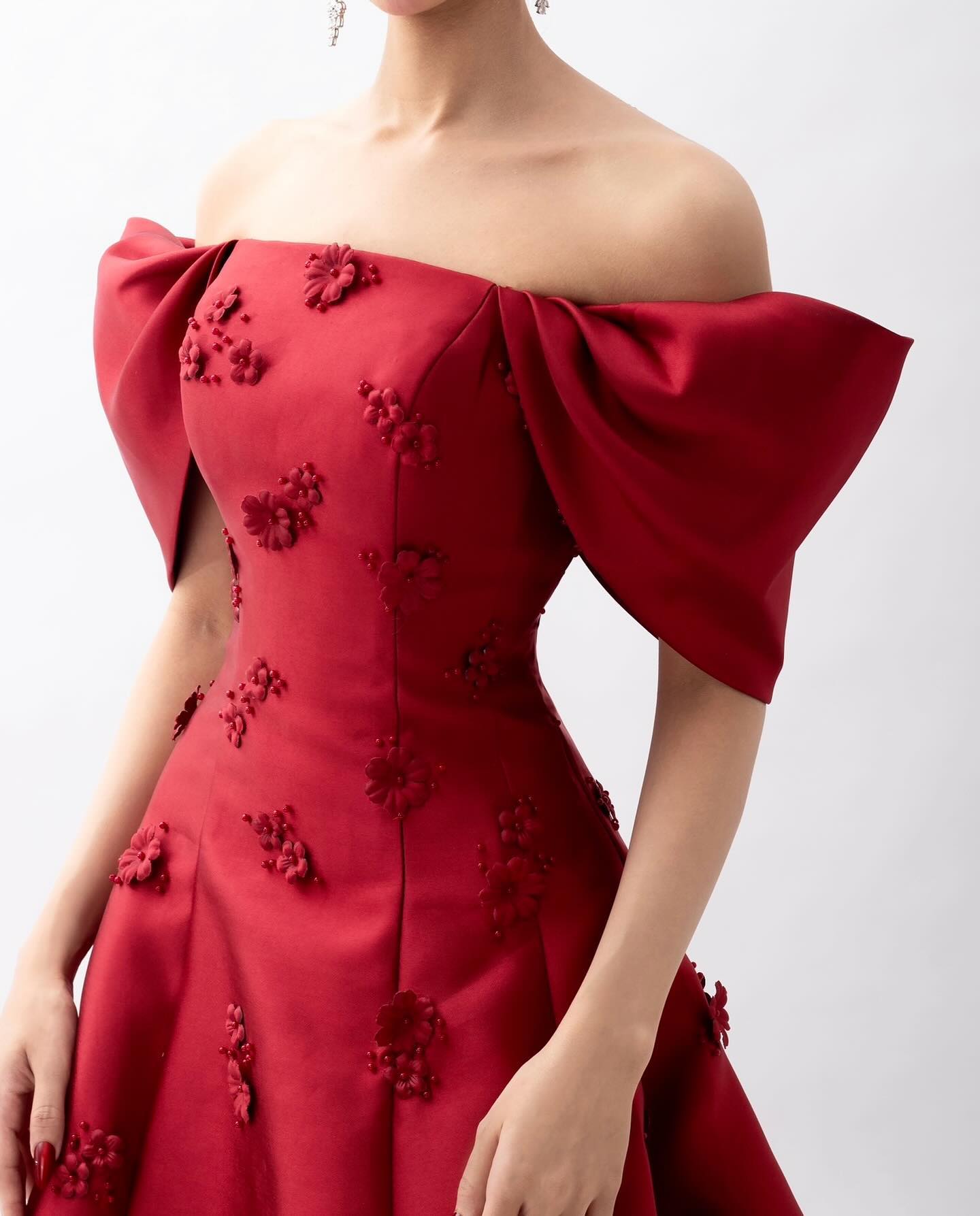 Elegant 3D Flowers Off Shoulder Red Evening Dress SF273