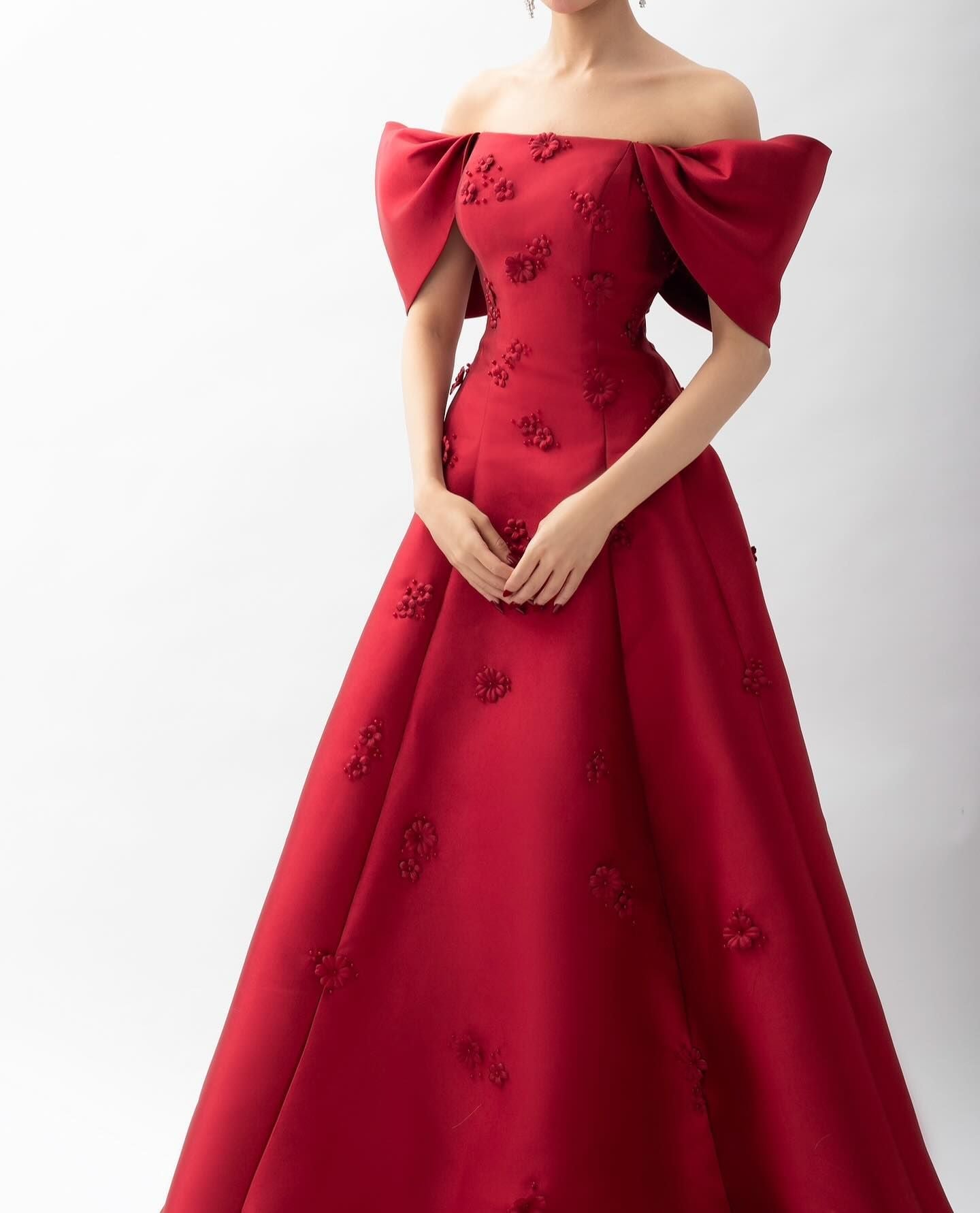 Elegant 3D Flowers Off Shoulder Red Evening Dress SF273