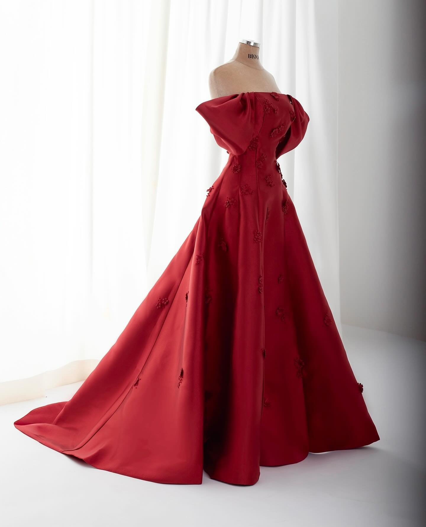 Elegant 3D Flowers Off Shoulder Red Evening Dress SF273