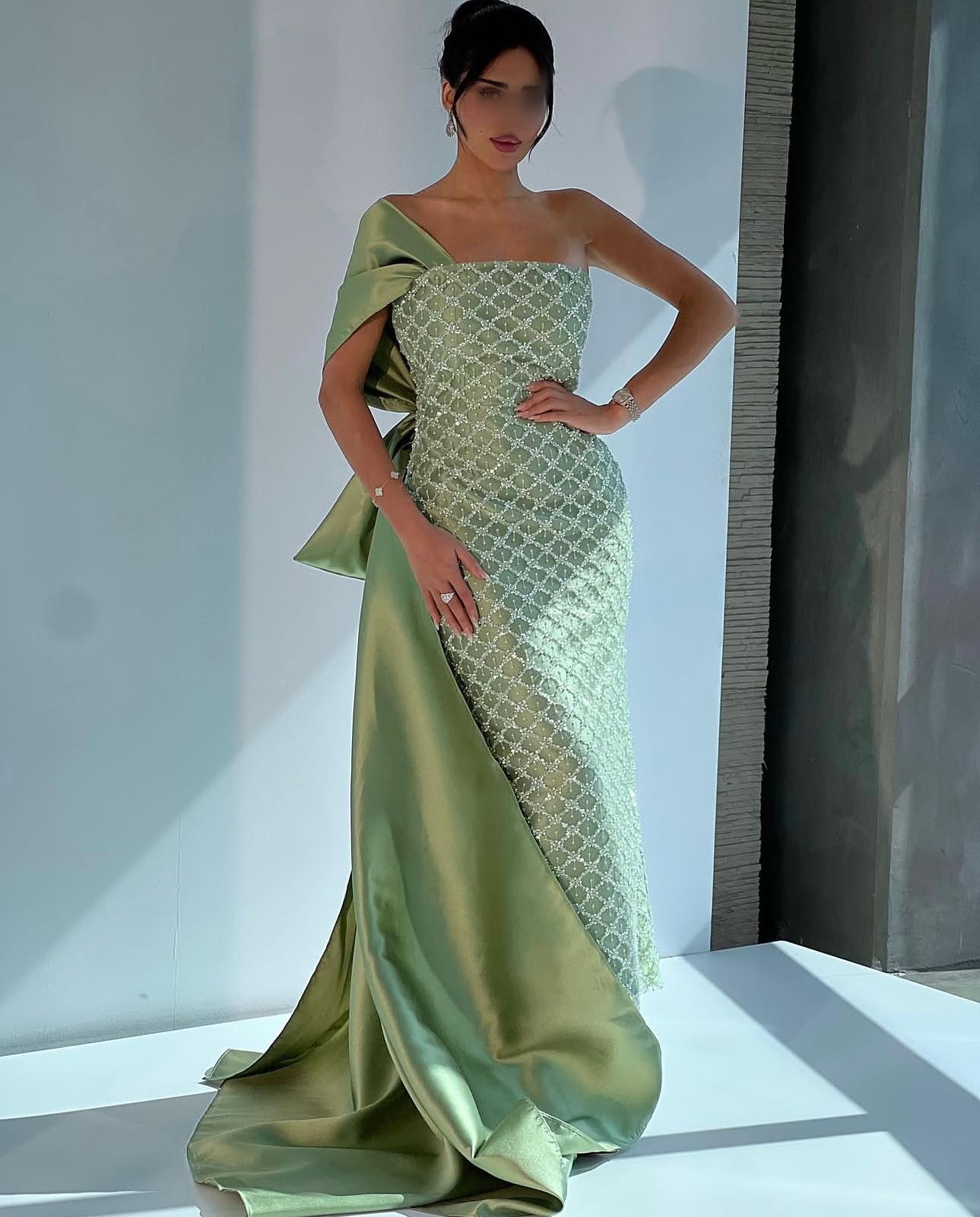Sage Green One Shoulder Sheath Arabic Evening Dress SF047