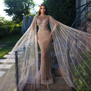 Luxury Caramel Evening Dress with Cape Sleeves SS179
