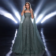 Sparkly Crystal Turquoise Evening Dress with Cape SS651  Green / US 16
