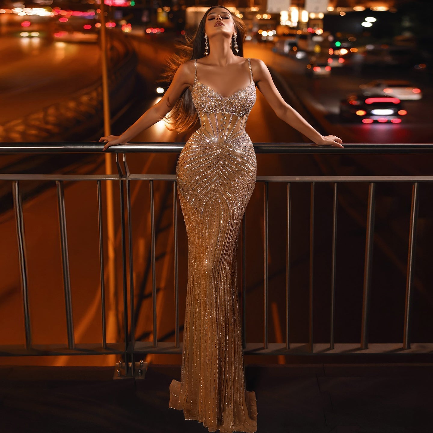 Luxury Champagne Spaghetti Beaded Evening Dress SS292