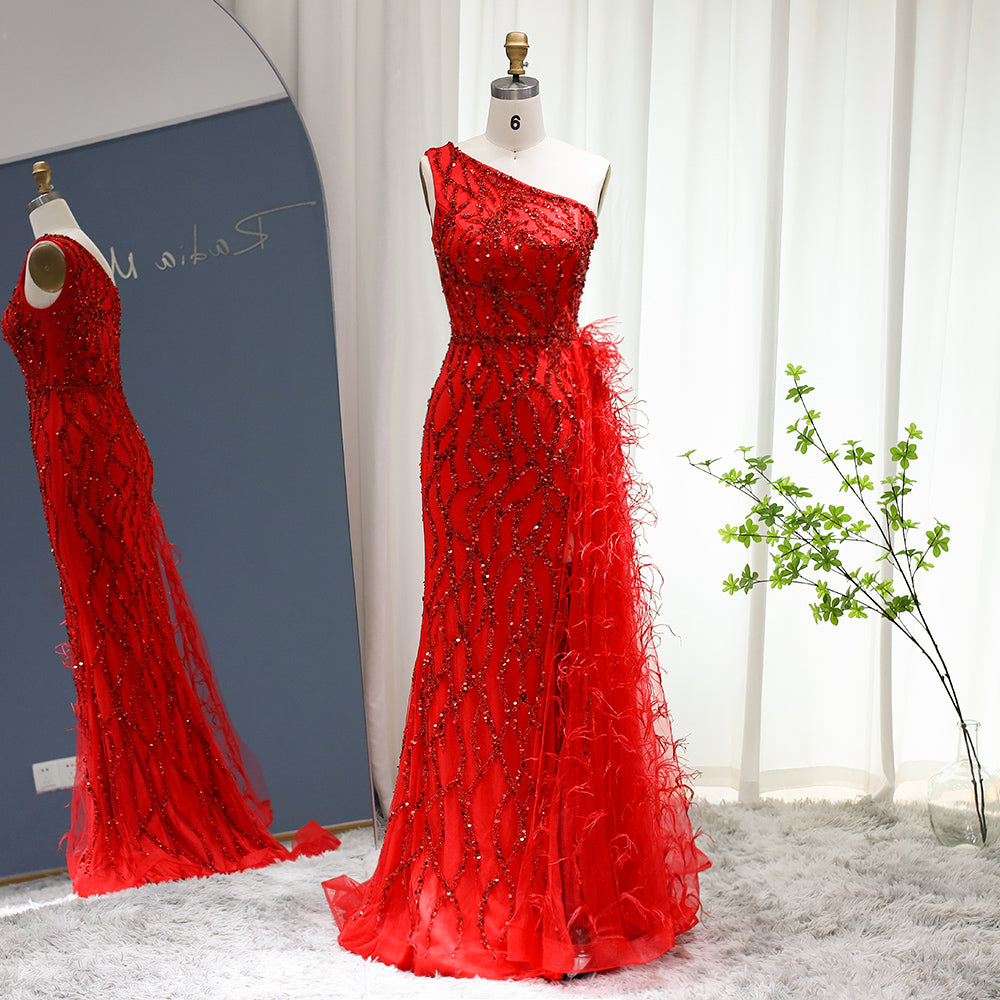 For Sale Luxury Feather One Shoulder Wine Red Mermaid Prom Evening Dress SS354L  Wine Red / US 12