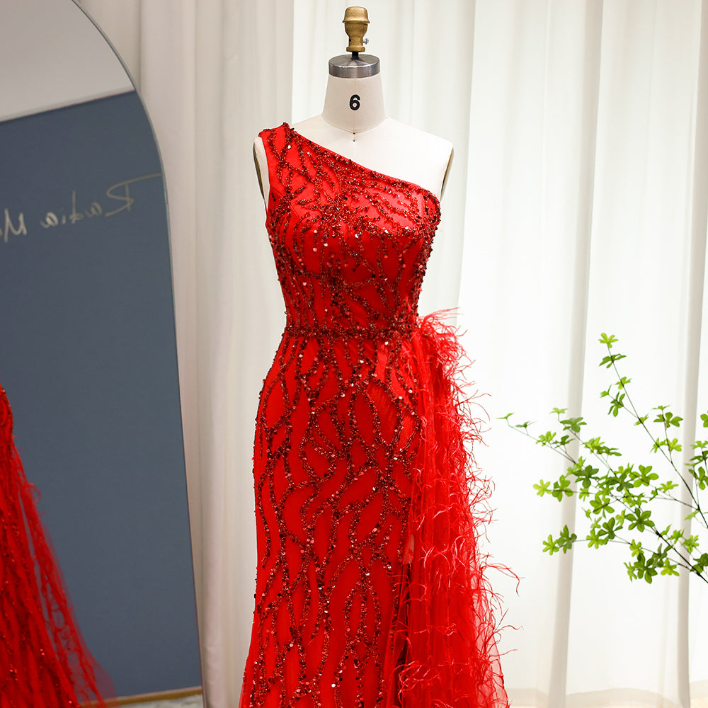 For Sale Luxury Feather One Shoulder Wine Red Mermaid Prom Evening Dress SS354L