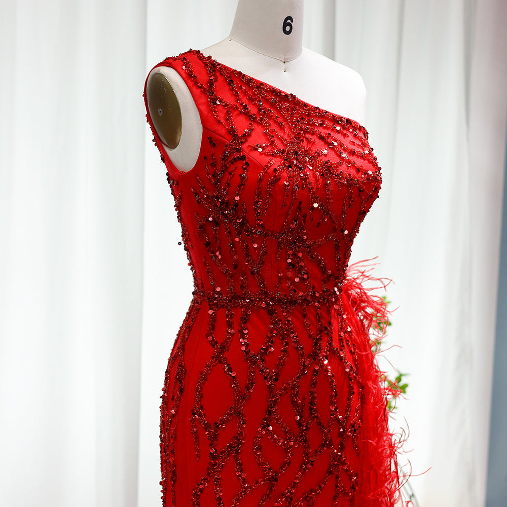 For Sale Luxury Feather One Shoulder Wine Red Mermaid Prom Evening Dress SS354L