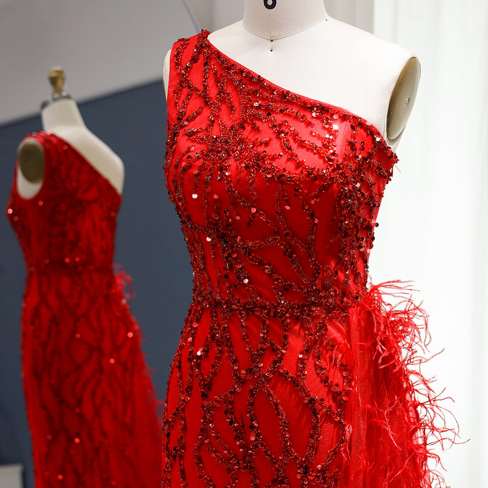 For Sale Luxury Feather One Shoulder Wine Red Mermaid Prom Evening Dress SS354L