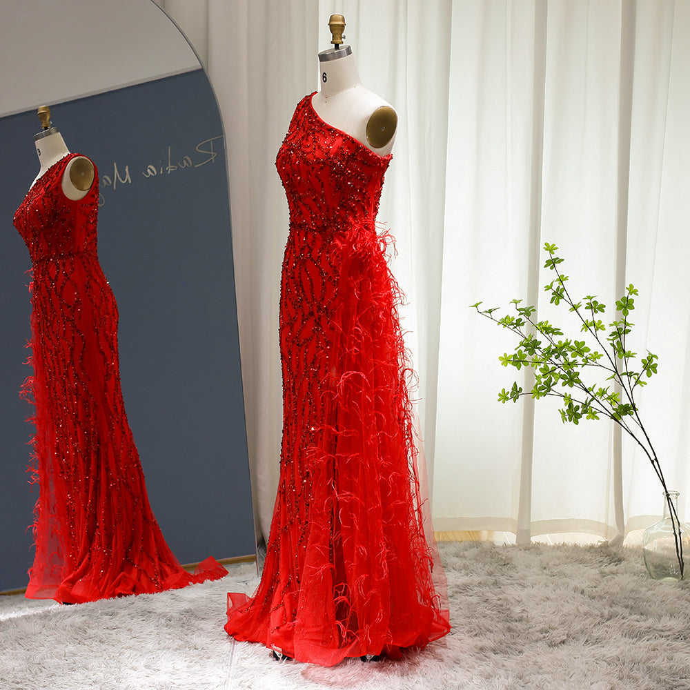 For Sale Luxury Feather One Shoulder Wine Red Mermaid Prom Evening Dress SS354L