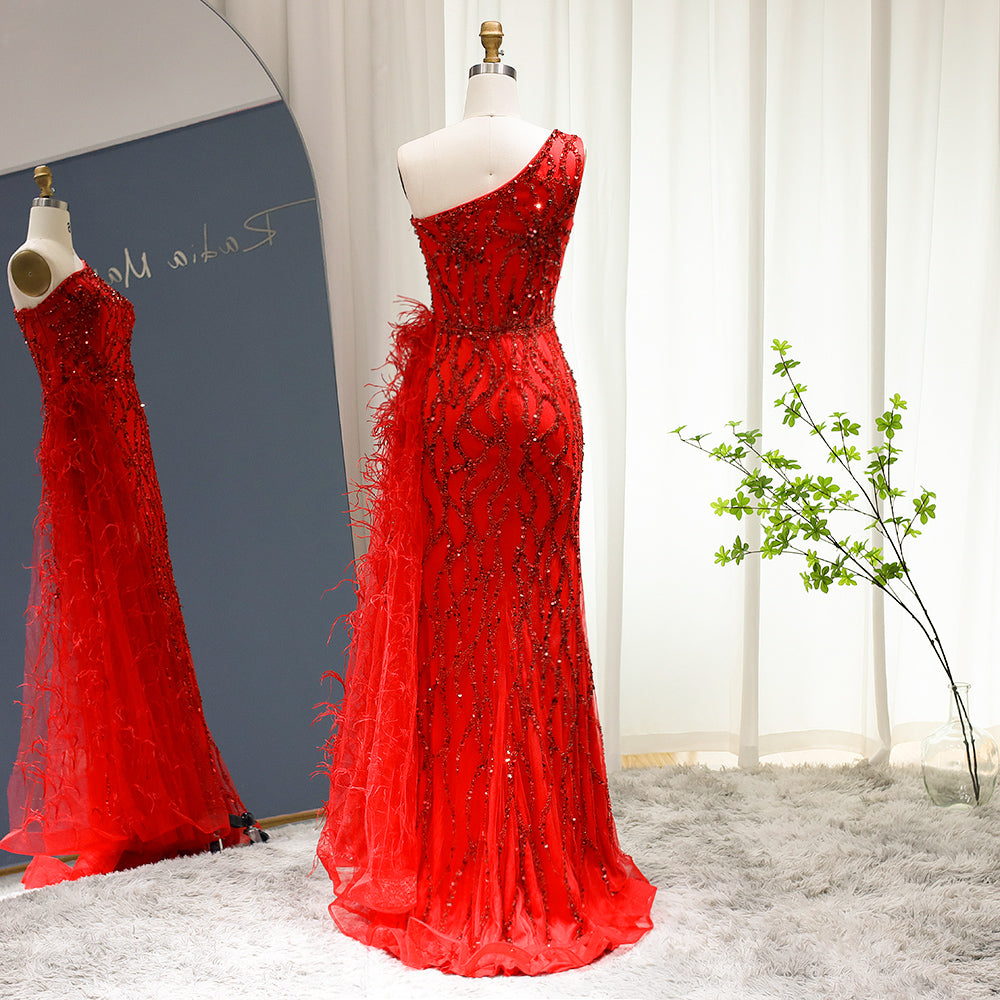 For Sale Luxury Feather One Shoulder Wine Red Mermaid Prom Evening Dress SS354L