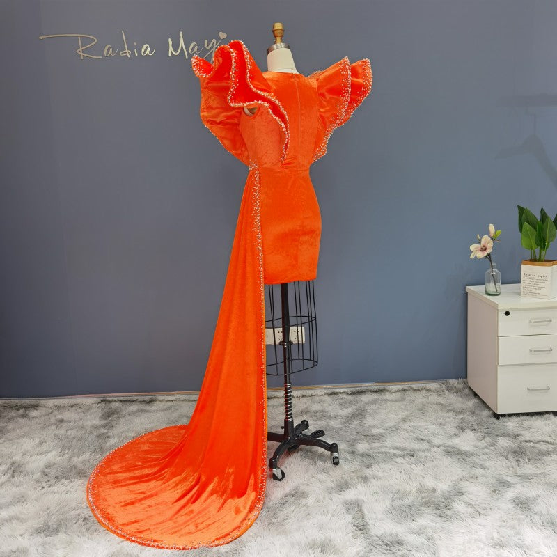 Luxury Beaded Pearls Orange Short Cocktail Dress RM003  Orange / US 20