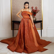 Elegant Beaded Orange Off Shoulder Evening Dress SS571
