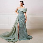 Luxury Turquoise One Shoulder Evening Dress with Overskirt SS572