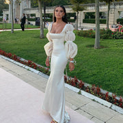 Elegant White Mermaid Evening Dress with Puff Sleeves SF021