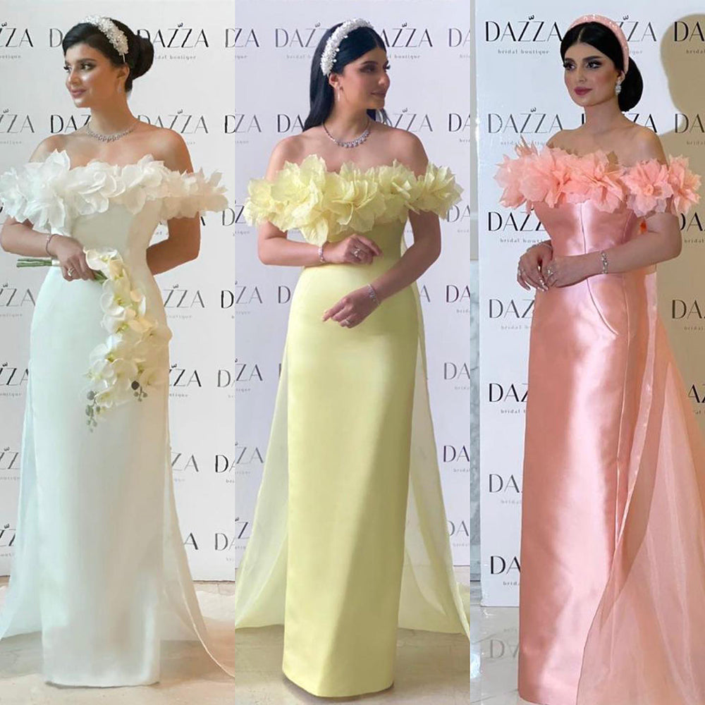 Elegant 3D Flowers Light Yellow Evening Dress with Overskirt SF013