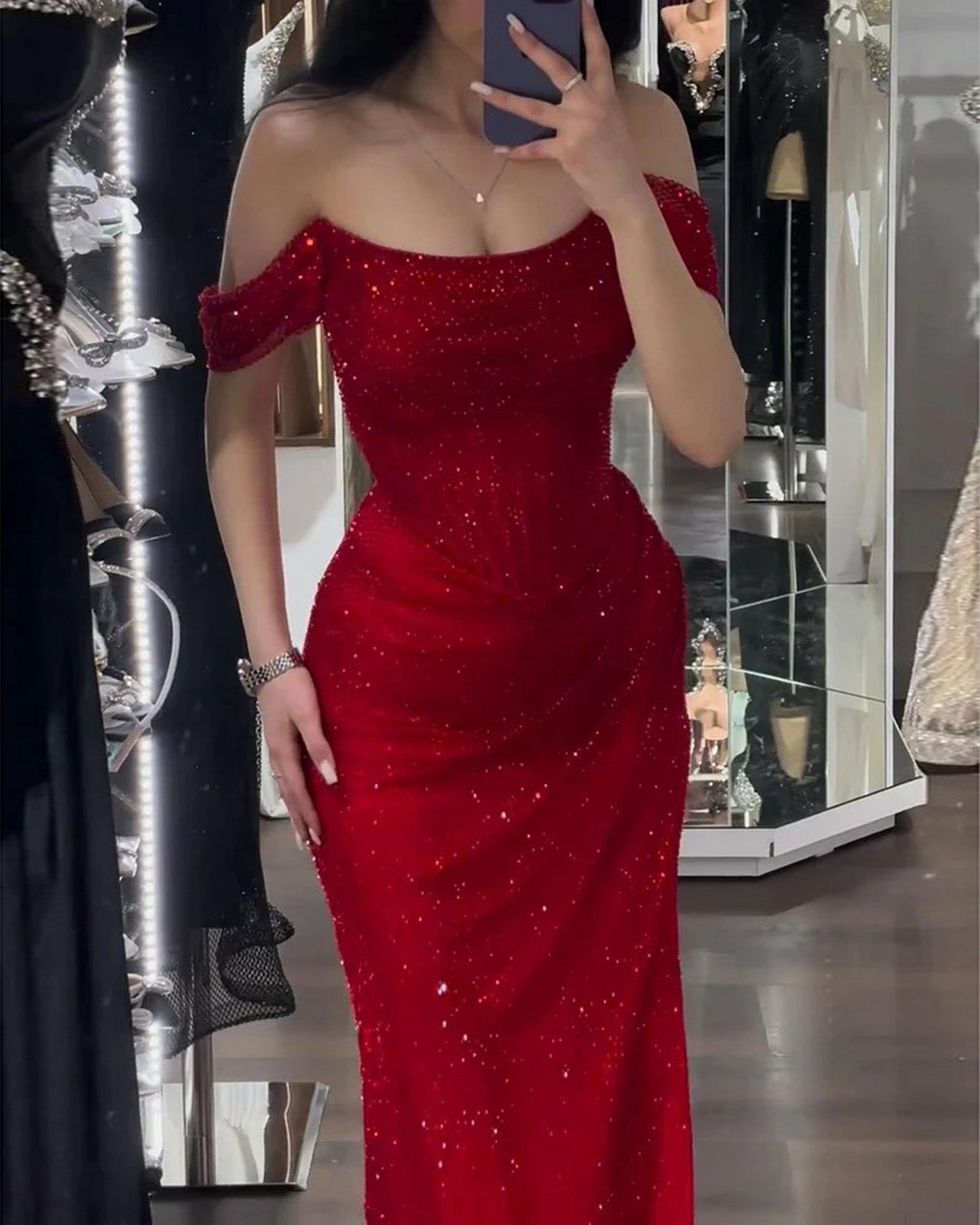 Elegant Red Off Shoulder Evening Dress with Side Slit SF163