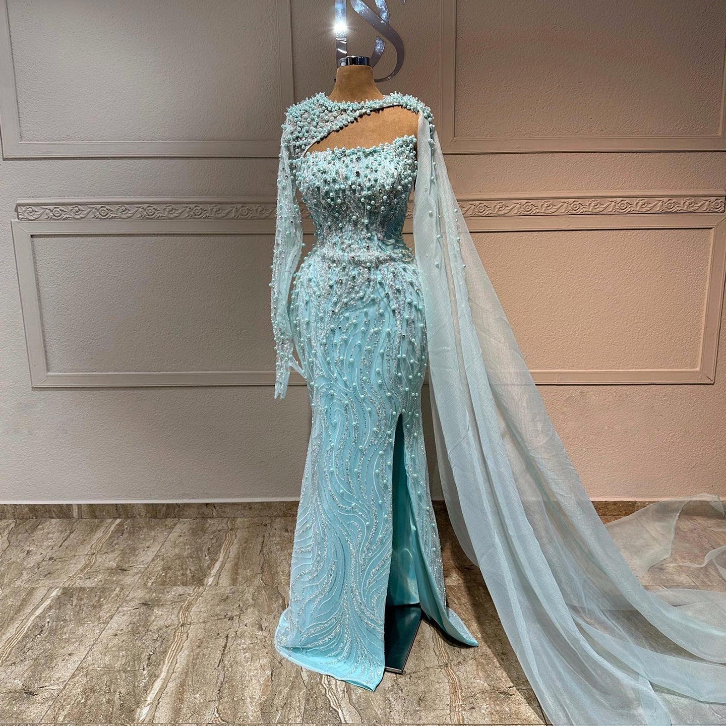 Luxury Turquoise Pearls Evening Dress with Cape Sleeves SS705