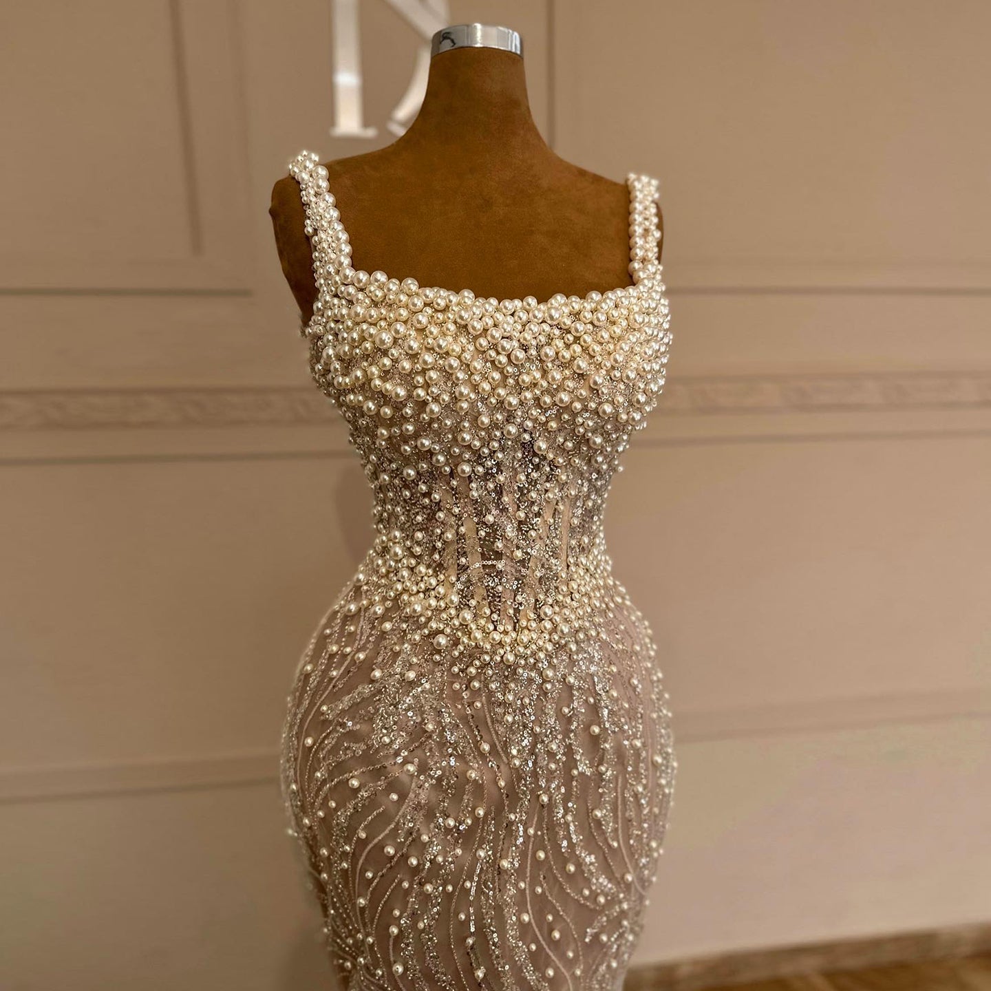 Elegant Mermaid White Nude Pearls Evening Dress SS706