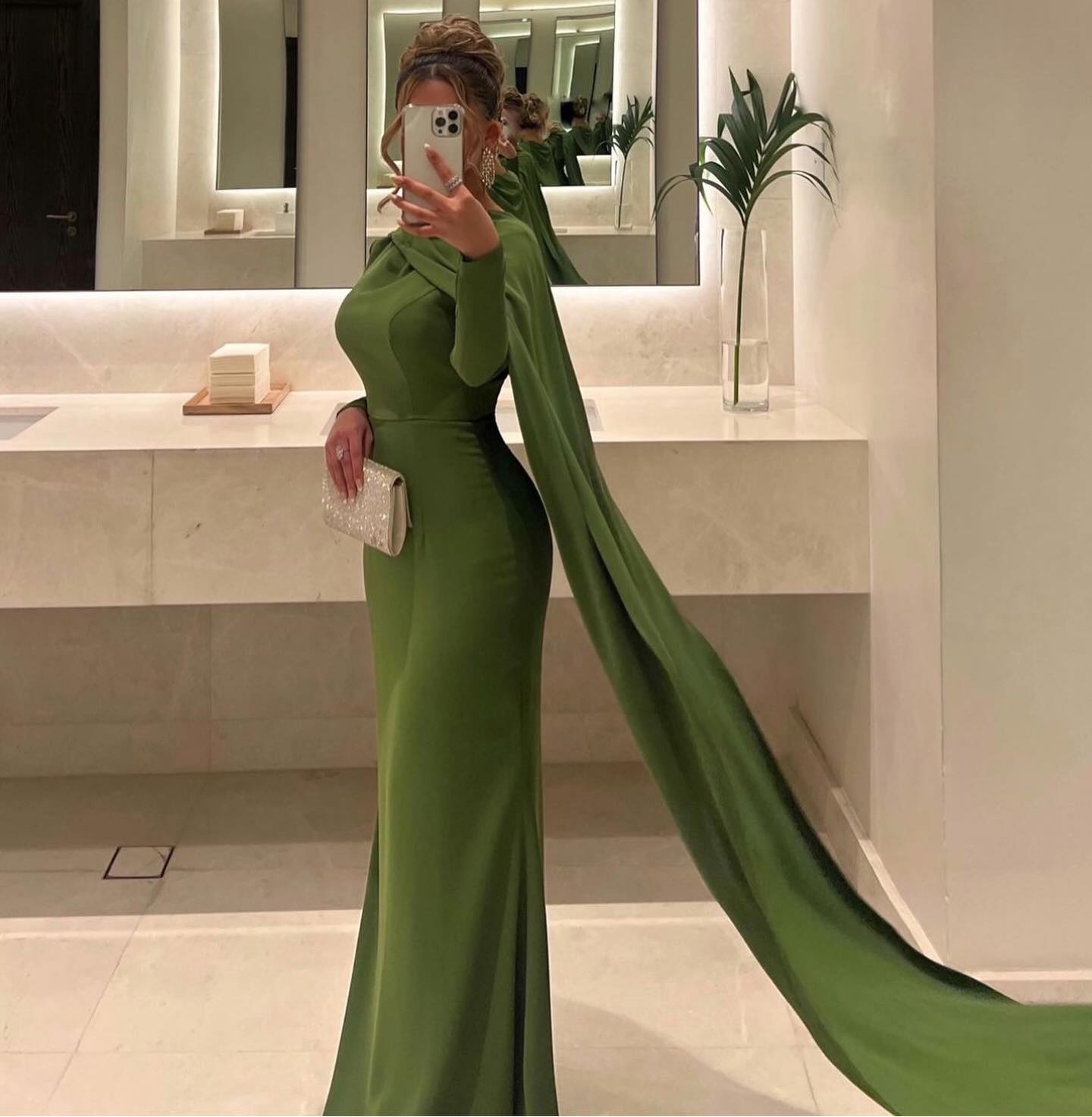 Elegant Green Long Sleeves Evening Dress with Cape SF068