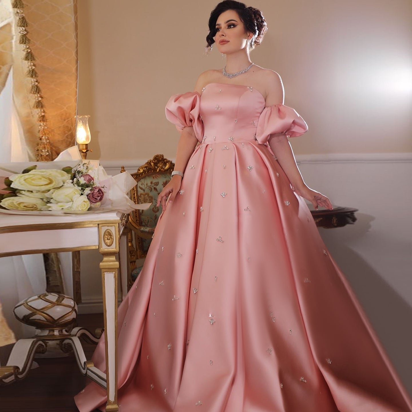 For Sale Crystal Blush Pink Satin Off-Shoulder Evening Dresses SS442