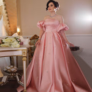 For Sale Crystal Blush Pink Satin Off-Shoulder Evening Dresses SS442