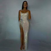 Luxury Crystal Tassels Spaghetti High Slit Cocktail Dress RM019